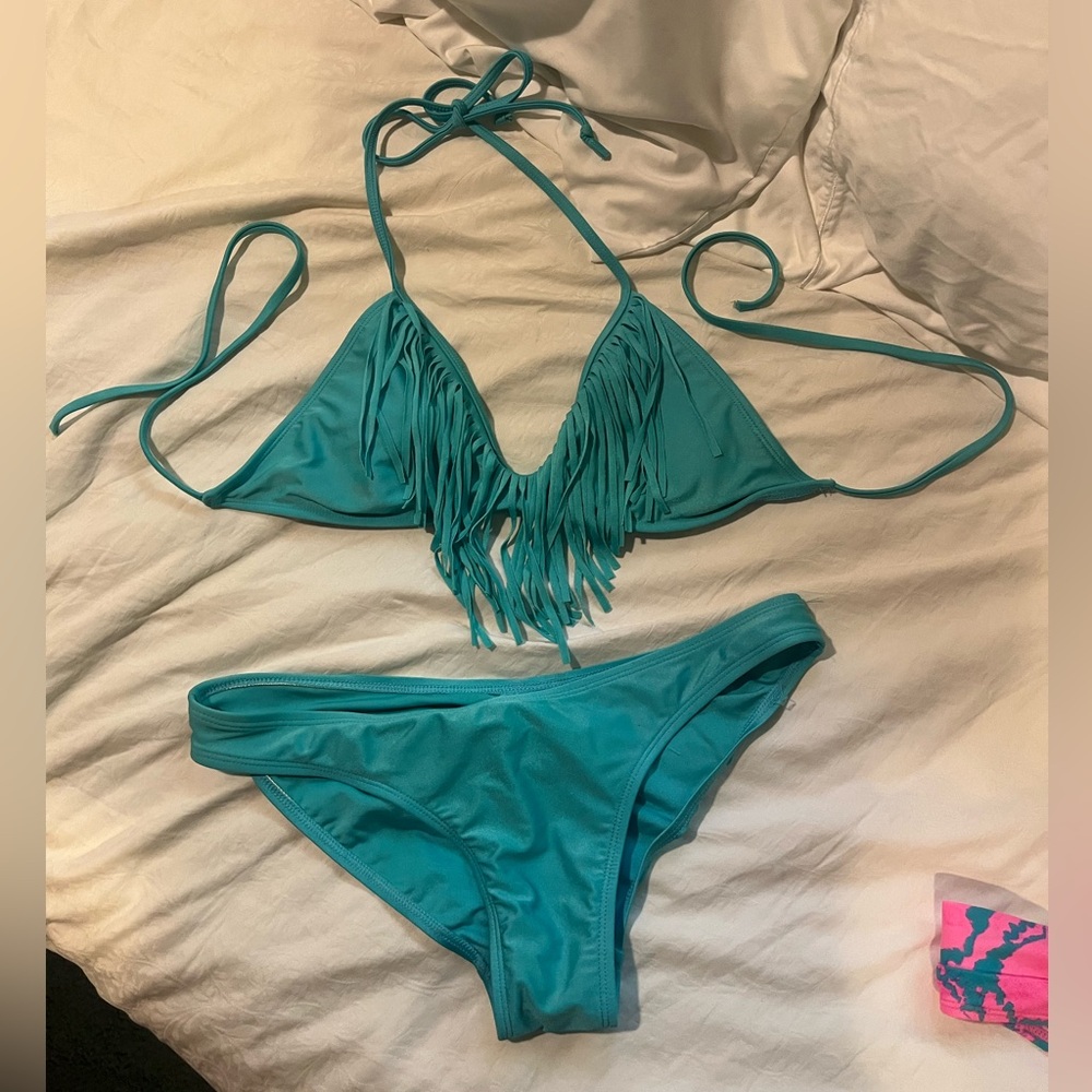 Teal Fringe Bikini Set